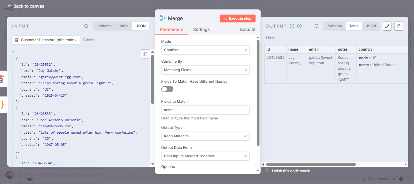 Output of Merge node with option to keep matches